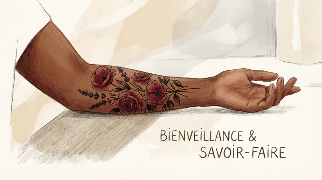 Illustration d'un tatouage floral détaillé sur peau noire avec des encres rouges et noires
