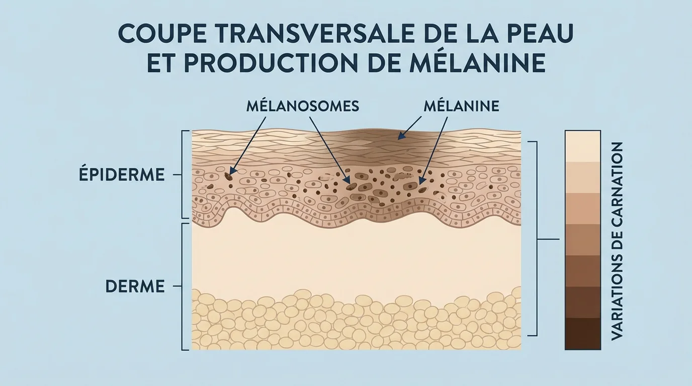 Illustration d'une coupe de peau montrant la mélanine et les couches d'épiderme pour comprendre le tatouage sur peau noire