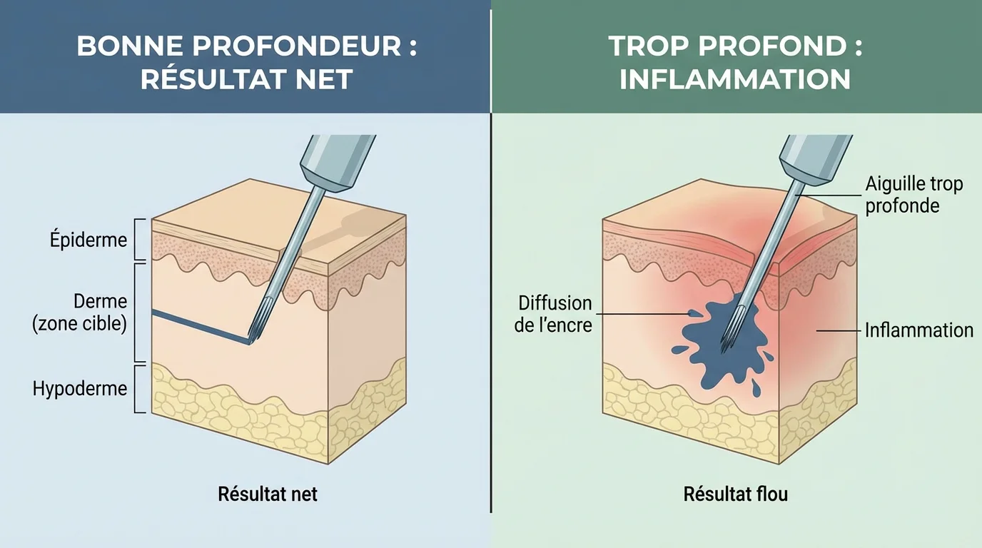 Illustration comparant la bonne et la mauvaise profondeur d'aiguille lors d'un tatouage sur peau noire