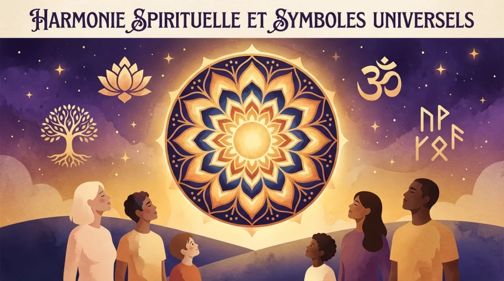 Illustration de symboles de tatouage spirituel comme le mandala, le lotus et l'arbre de vie dans un ciel étoilé