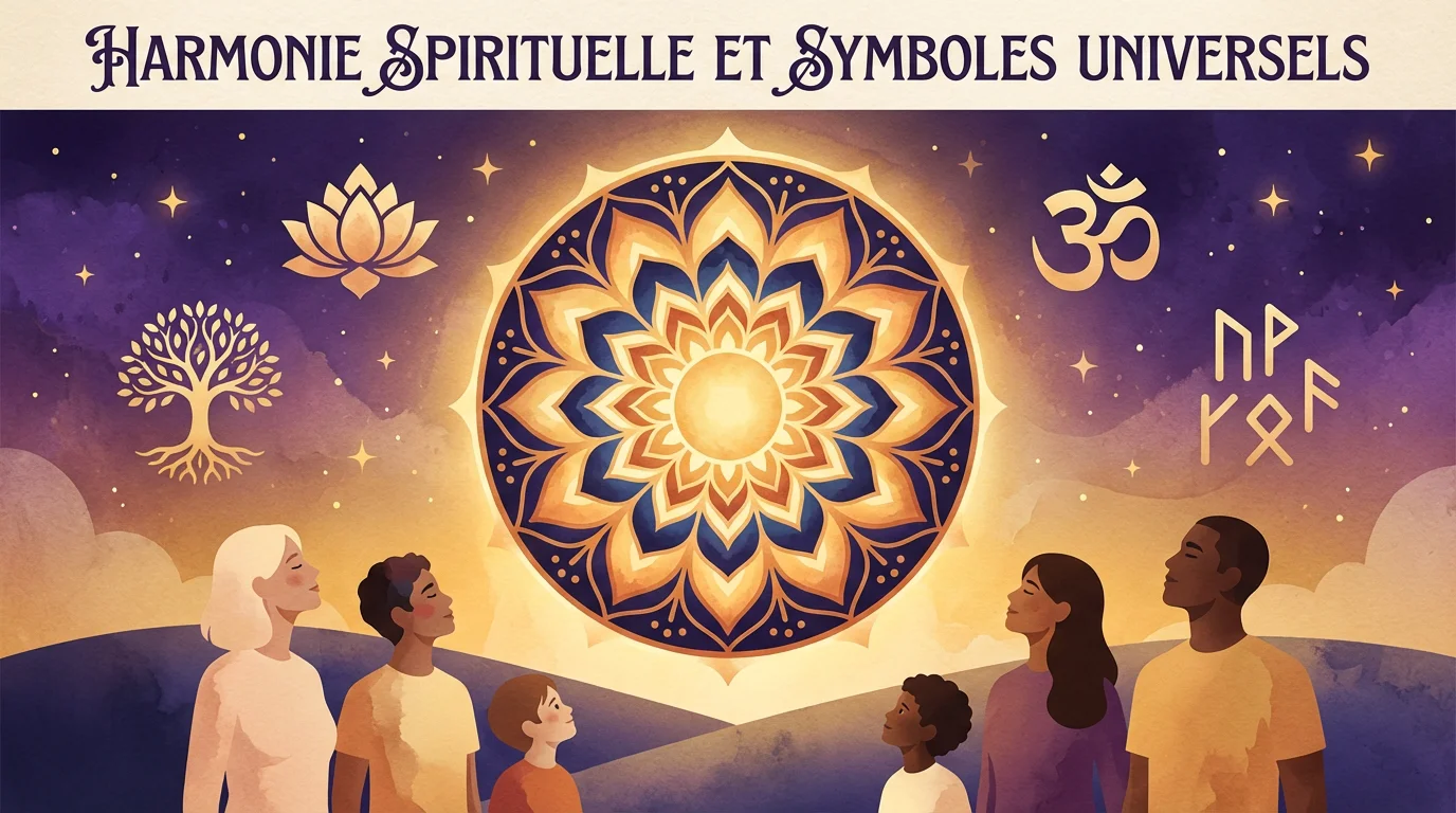 Illustration de symboles de tatouage spirituel comme le mandala, le lotus et l'arbre de vie dans un ciel étoilé