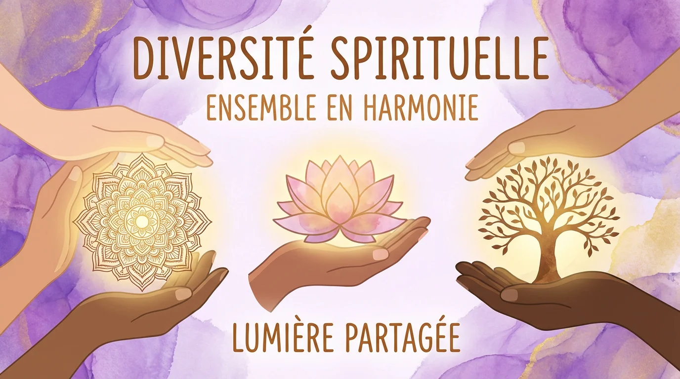 Illustration de mains diversifiées tenant des symboles de tatouage spirituel comme le mandala et le lotus