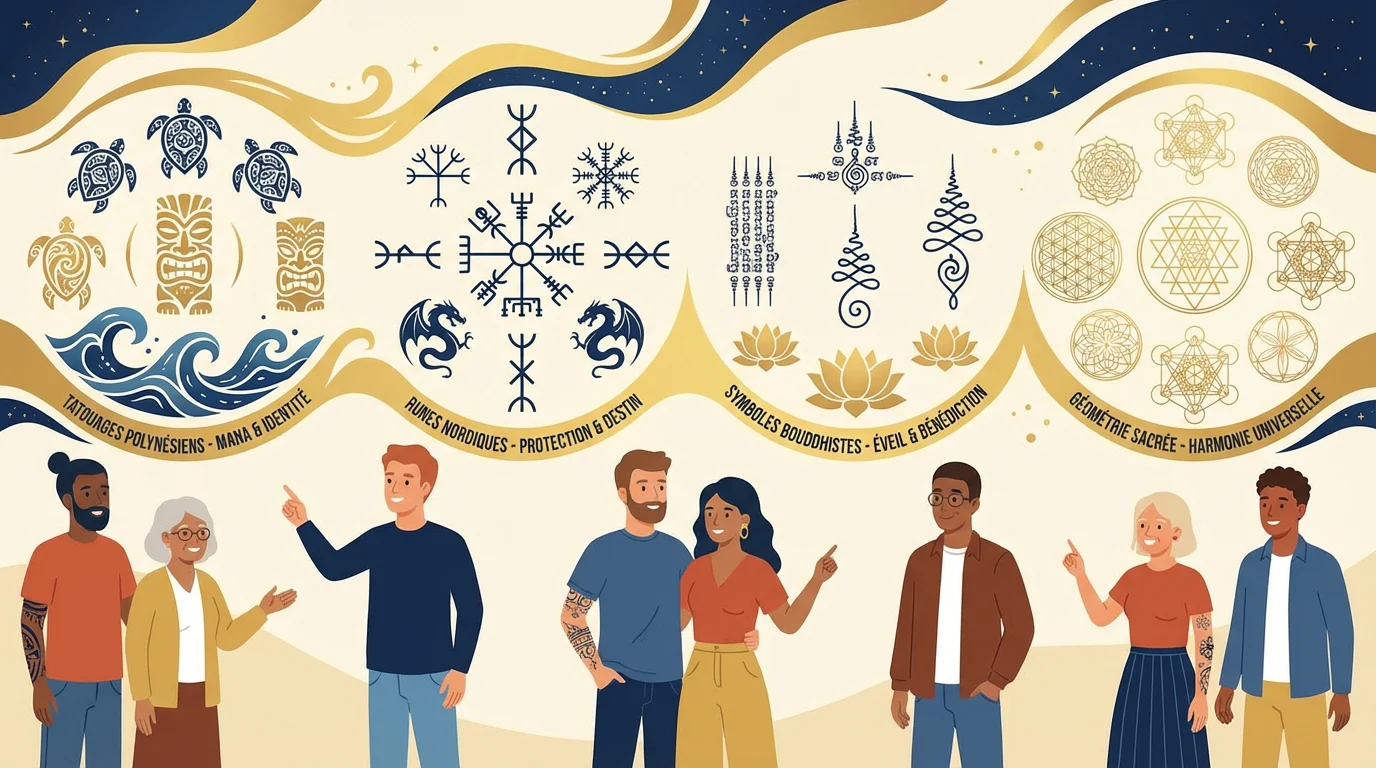 Illustration panoramique des traditions mondiales de tatouage spirituel incluant motifs polynésiens, nordiques et bouddhistes
