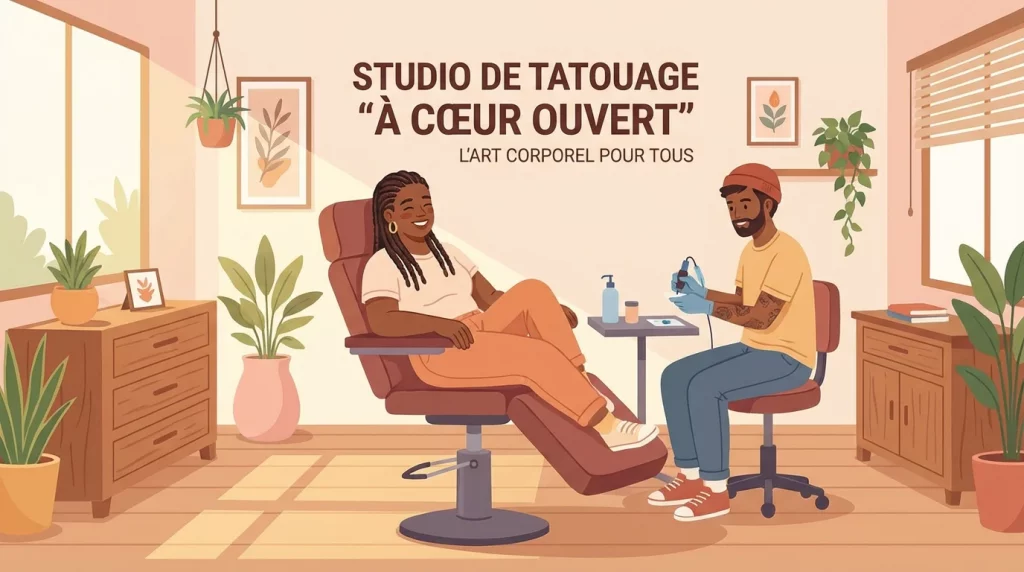 Illustration d'une personne détendue se préparant pour une séance de tatouage dans un salon accueillant