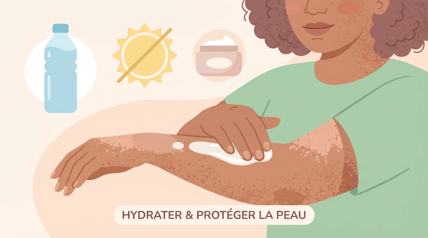 Illustration montrant la préparation de la peau avant un tatouage avec hydratation et protection solaire