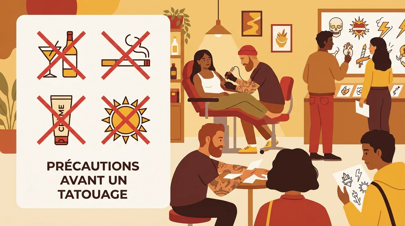 Illustration des éléments à éviter avant une séance de tatouage : alcool, soleil, produits irritants