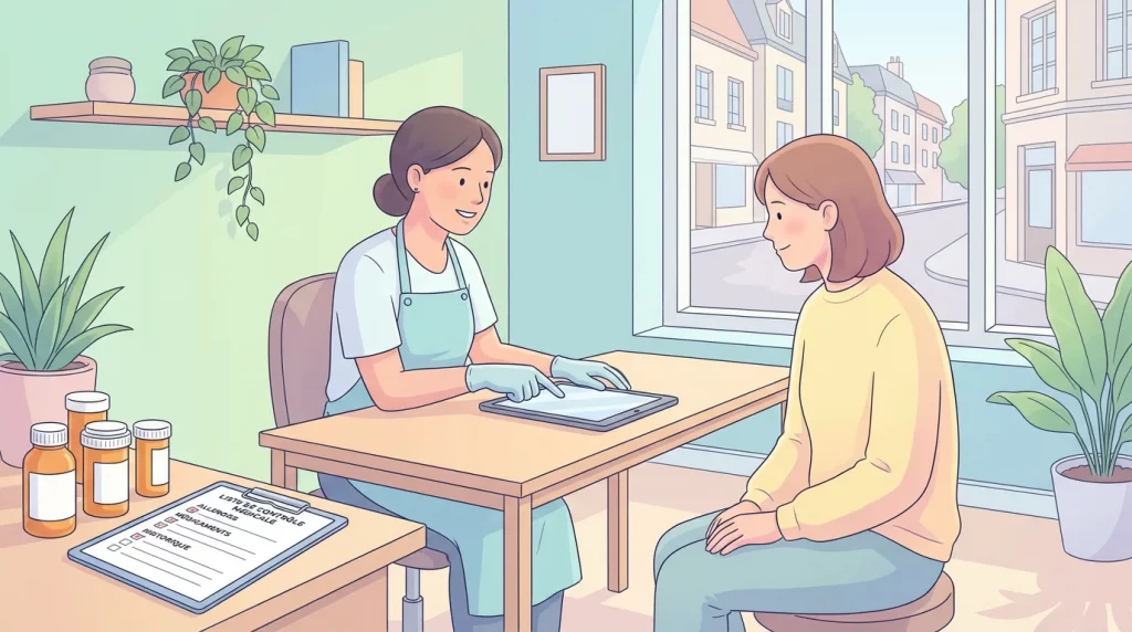 Illustration d'un tatoueur professionnel consultant un client au sujet de ses médicaments avant une séance