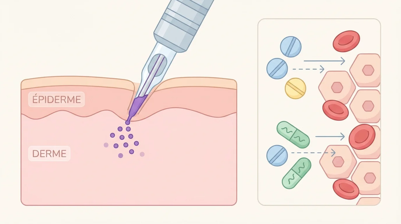Illustration pédagogique montrant l'interaction entre les médicaments et les couches de la peau lors d'un tatouage