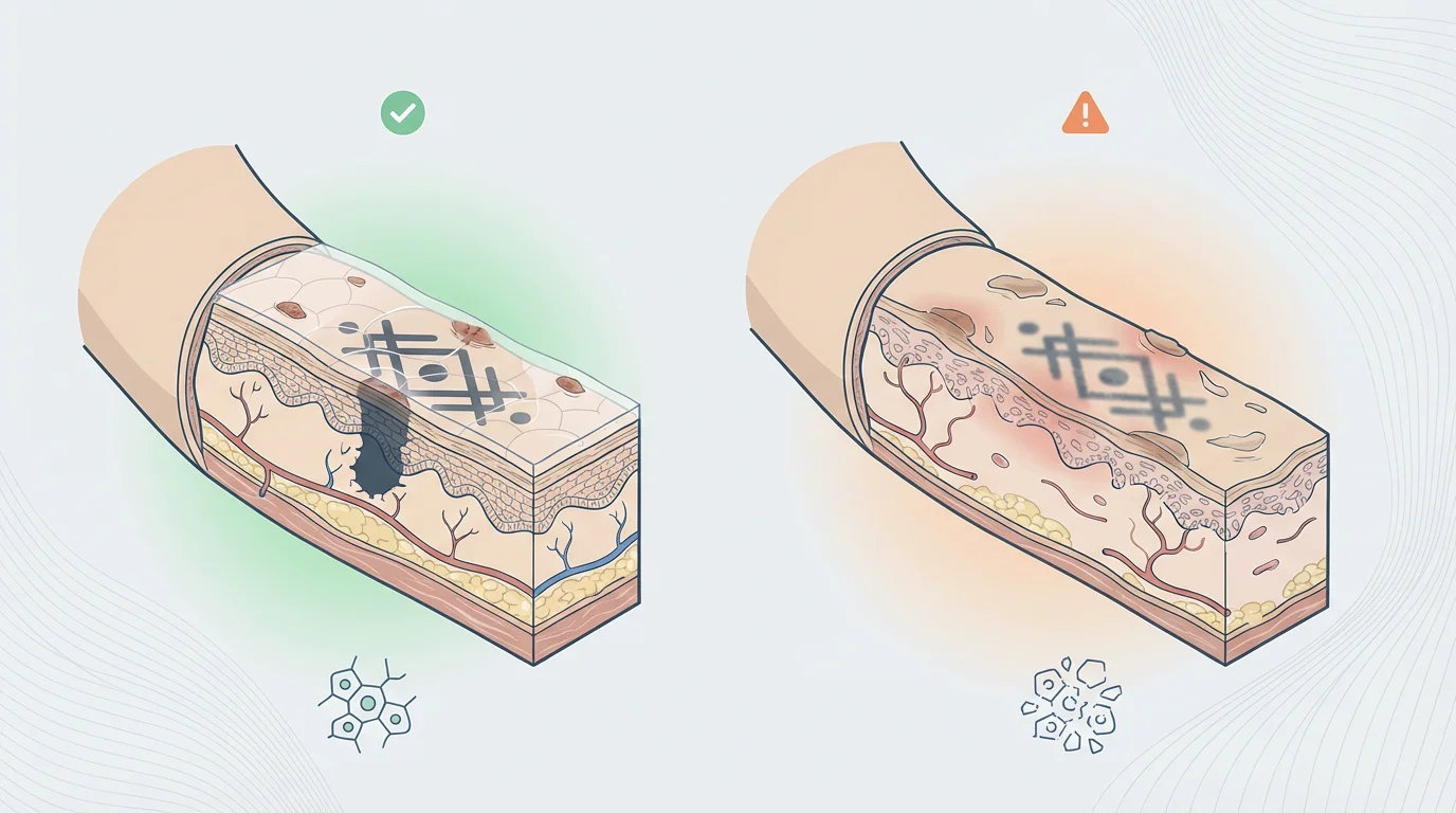 Illustration comparant la cicatrisation normale et la cicatrisation ralentie par les corticoïdes après un tatouage