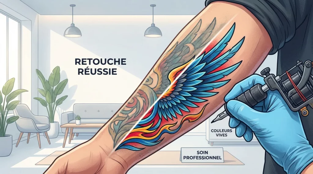 Tatouage retouché aux couleurs vives sur un bras dans un studio professionnel