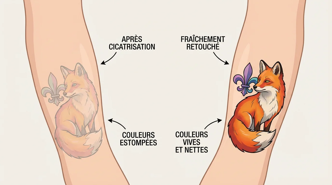 Comparaison avant et après une retouche de tatouage montrant la différence de saturation des couleurs
