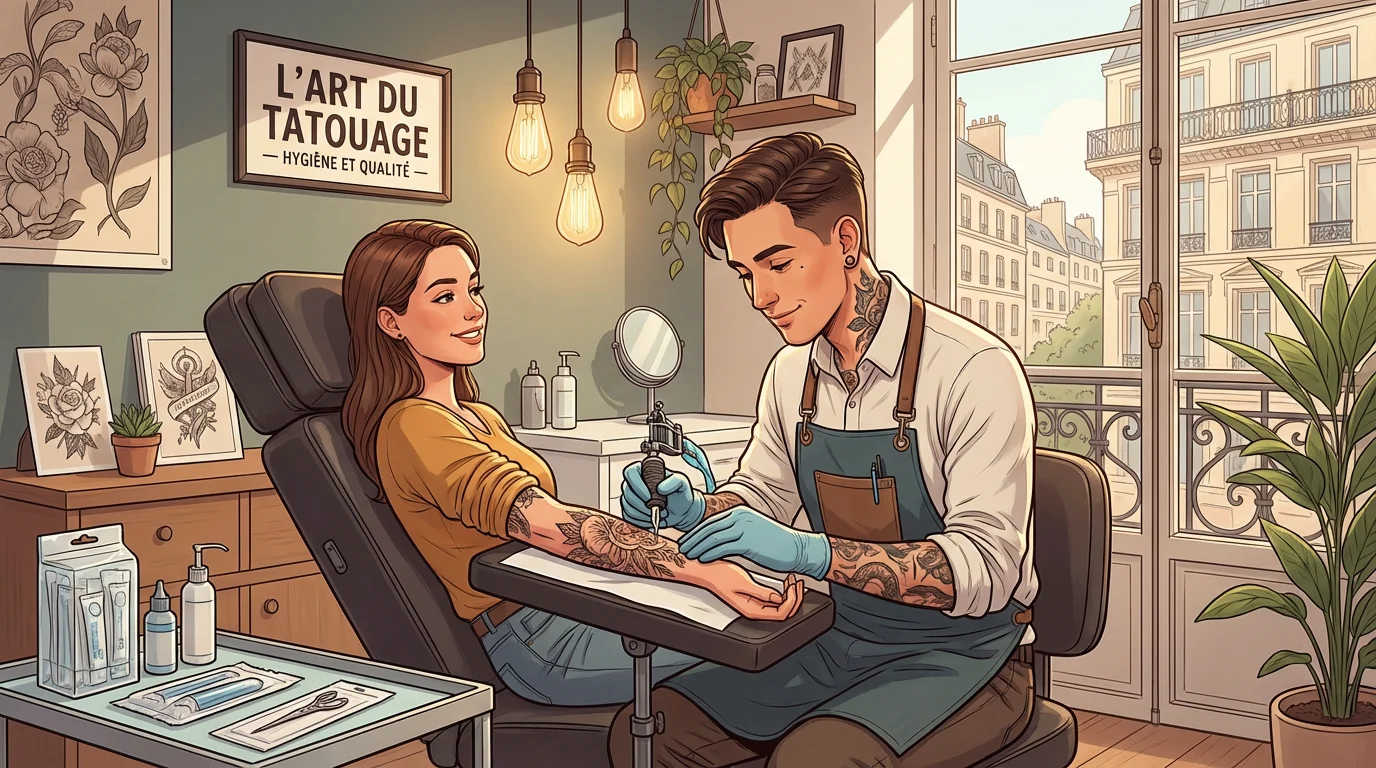 Tatoueur professionnel effectuant une retouche de tatouage dans un studio en France