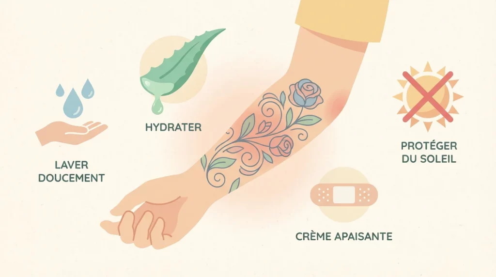 Illustration d'un tatouage en cours de cicatrisation avec les soins essentiels