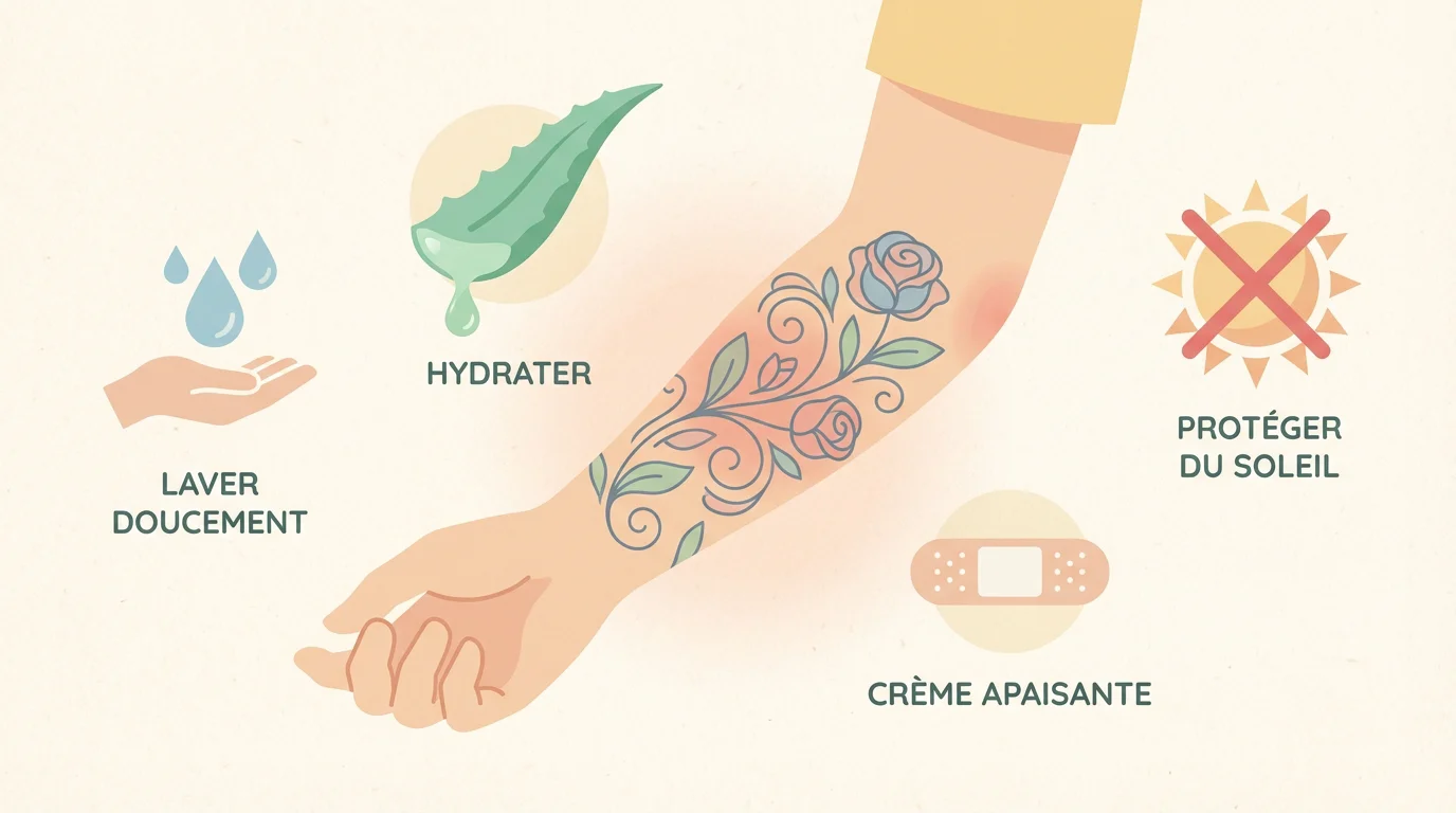 Illustration d'un tatouage en cours de cicatrisation avec les soins essentiels