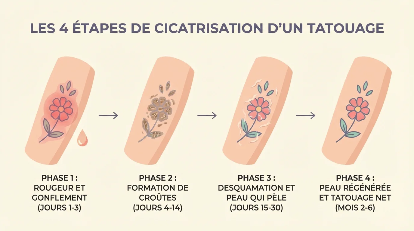 Illustration des 4 étapes de cicatrisation d'un tatouage jour après jour