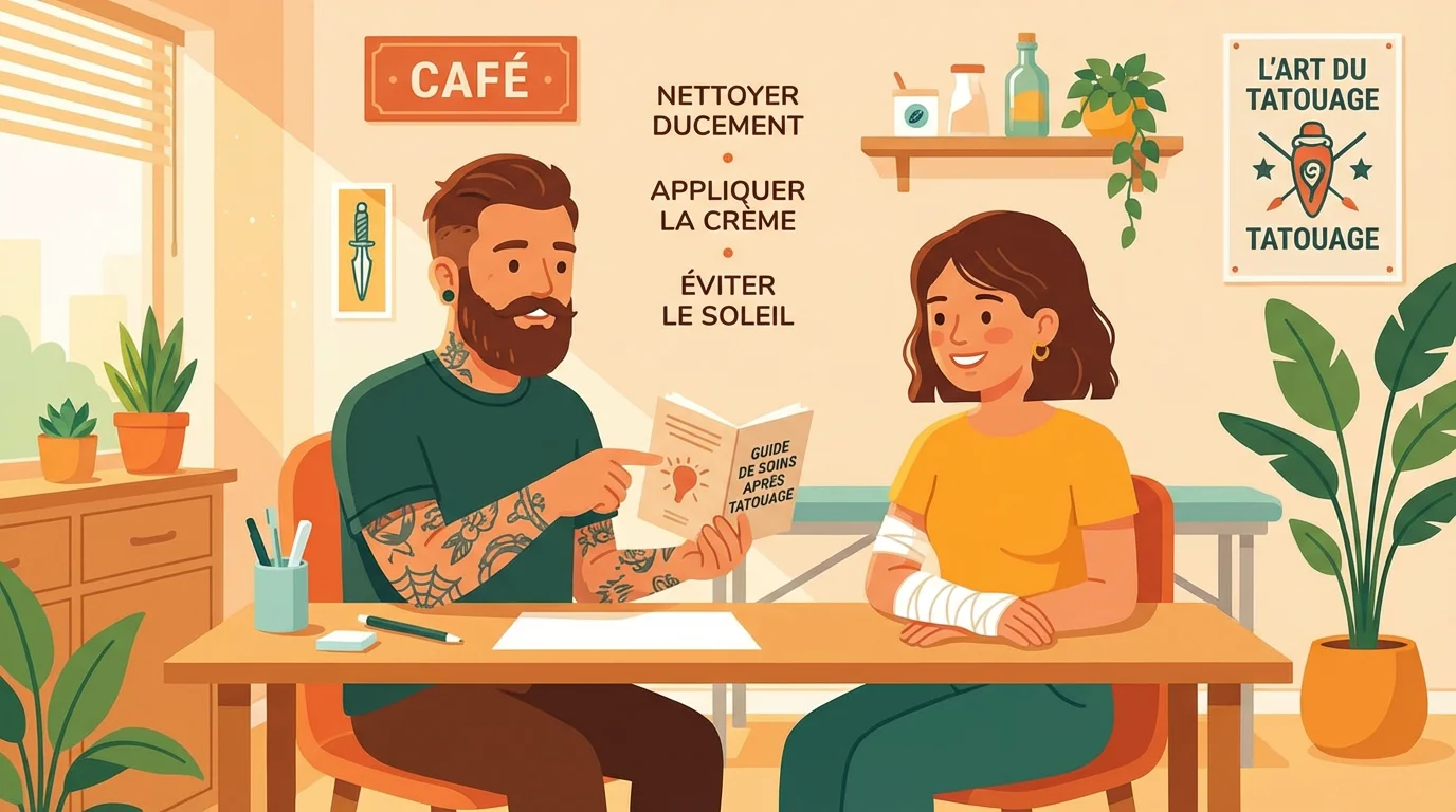Illustration d'un tatoueur expliquant les soins de cicatrisation à son client